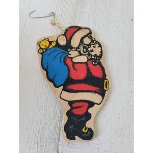 Wooden Santa teddybear sack gift bag ornament Xmas decor